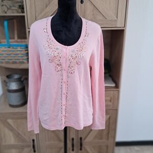 Vintage Chadwick's XL Beaded Pink Cardigan Sweater Button Up Crew Neck Romantic